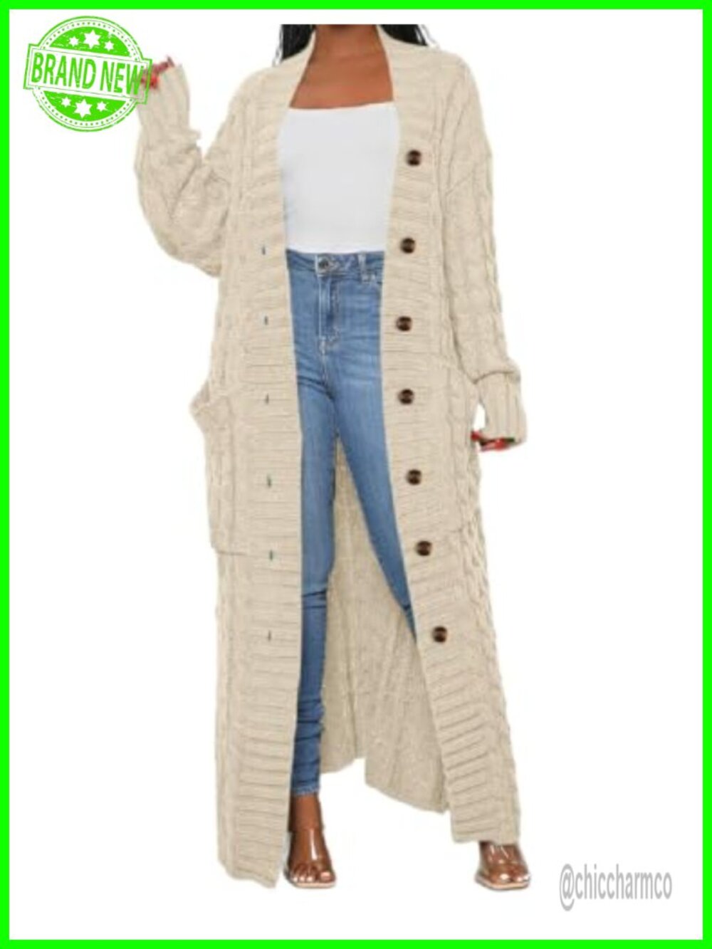 Chunky Cable Knit Maxi Cardigan Button Front Floor Length Sweater Coat
